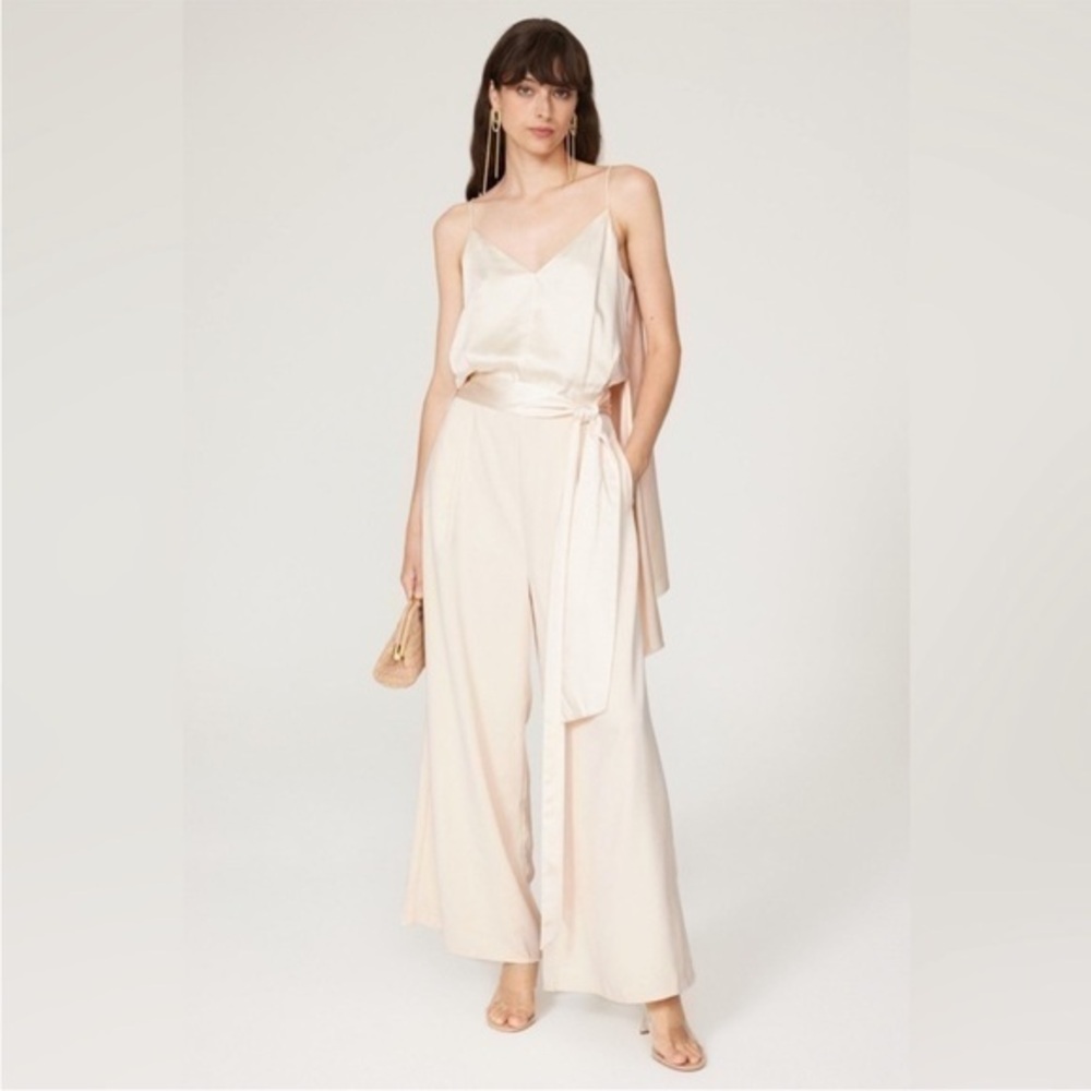 Obando Collective Cape Satin Jumpsuit Cream Sleeveless Wide Leg V-Neck Sz 10